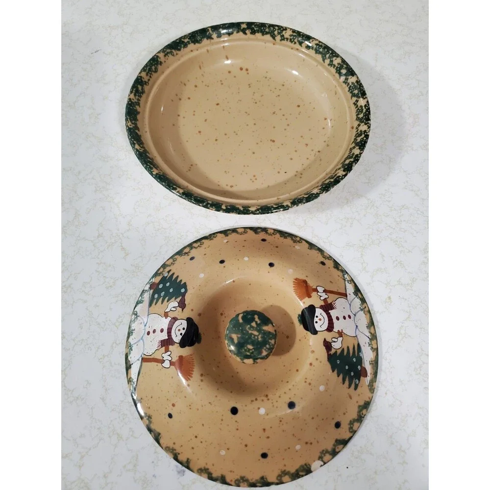 LTD Limited  9” Christmas Snowman Pie Dish W/ Lid Stoneware Green Sponge Edges